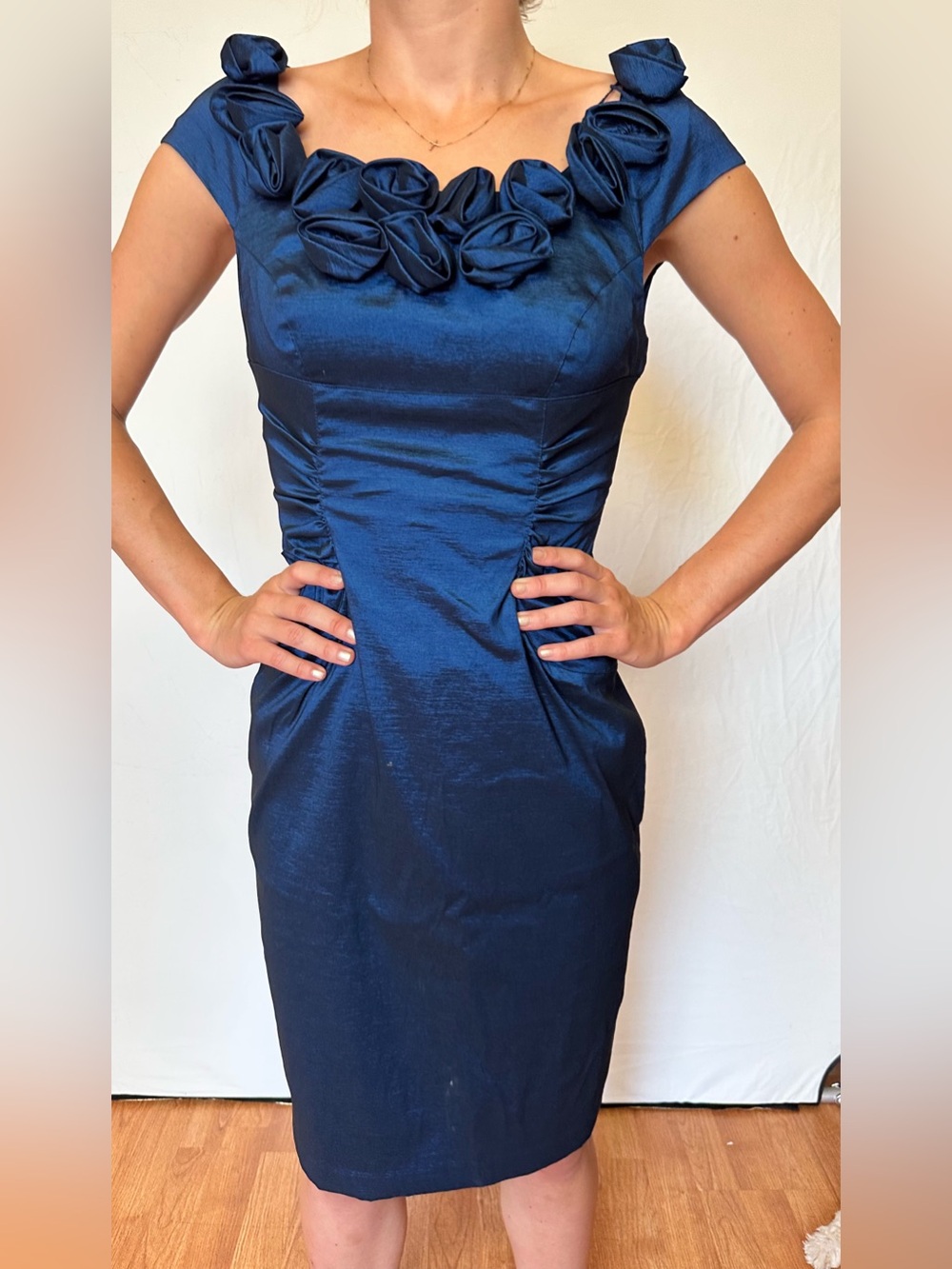 Adrianna Papell Navy Rosette-Trim Cap Sleeve Midi Dress
